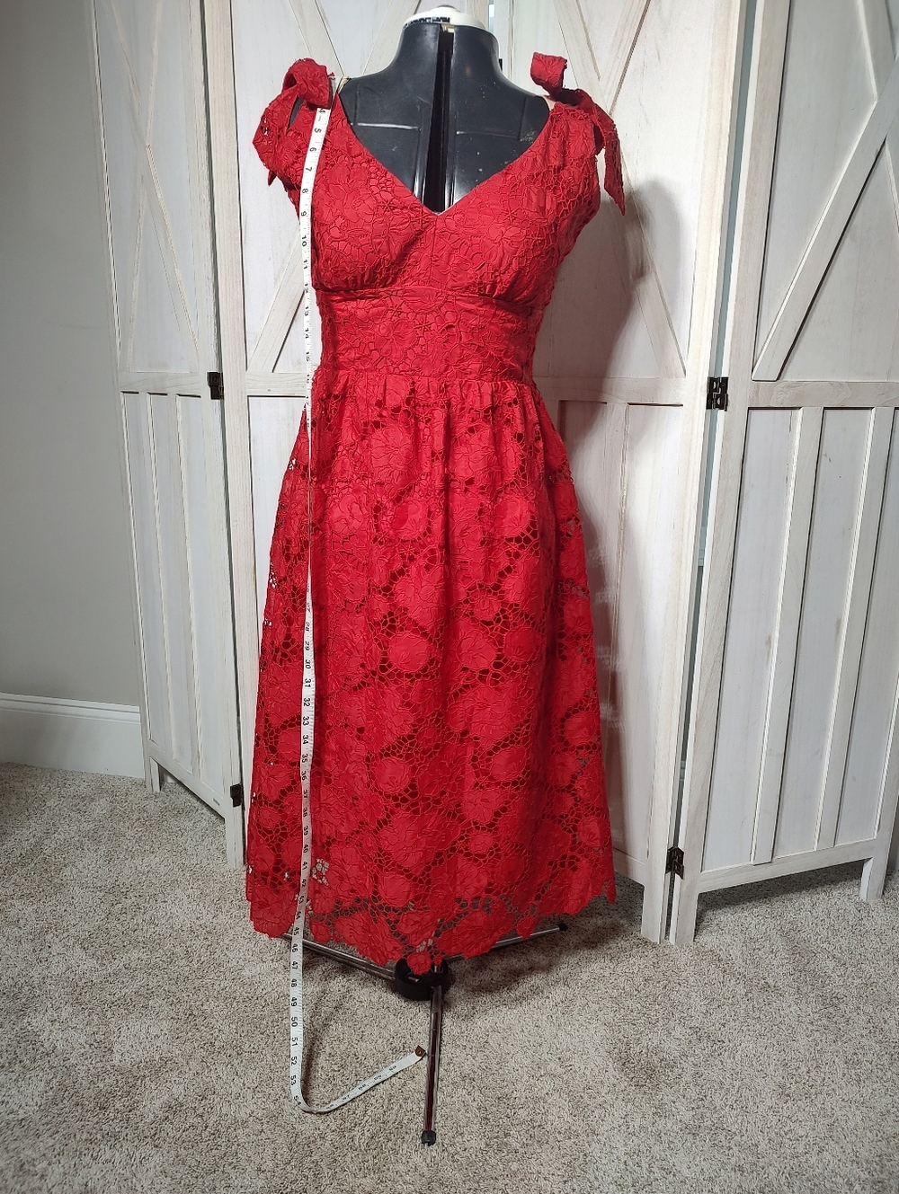 Large Red Lace Tie-Shoulder Midi Dress